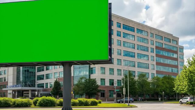 Green screen billboard on modern office building background with urban scene.