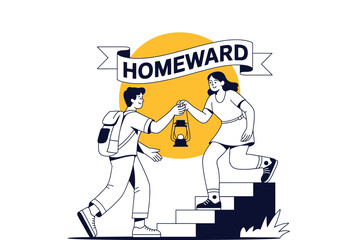 Homeward bound illustration of a man and woman helping each other