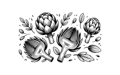 Artichoke vector illustration with leaves and flowers on white background