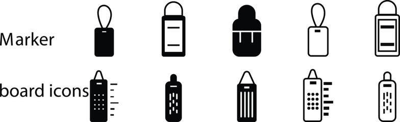 Marker board hanging pad icon set, vector flip chart paper pad with dry erase marker icons, presentation board sheet isolated on transparent background, office and classroom stationery design elements © Rabia