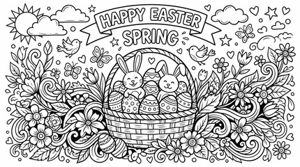 Easter Spring Coloring Page Vector &ndash; Basket with Bunnies, Decorated Eggs, Floral Patterns, Birds, Butterflies, Sun, Hearts, Festive Holiday Illustration, Happy Easter Banner