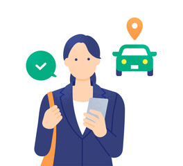 配車アプリでタクシーの予約を完了。スマホで手配するスーツを着た女性のベクターイラスト素材。