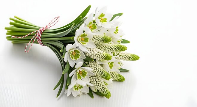 A bouquet of white flowers tied with a pink ribbon isolated on white background