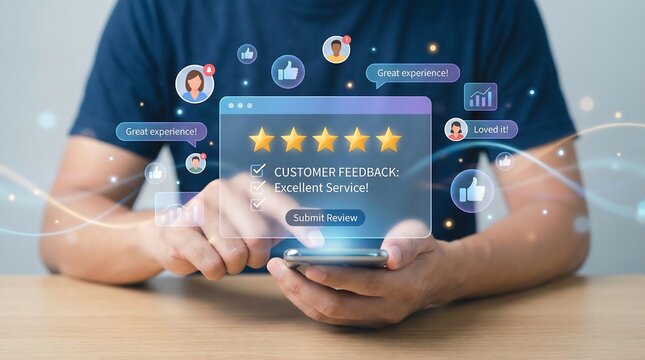 A person is holding a smartphone, actively filling out a holographic customer feedback form featuring five golden stars and an "Excellent Service!" message, symbolizing satisfaction.
