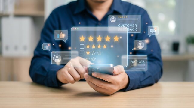 A casual man is providing customer feedback and star ratings on his smartphone, surrounded by digital icons related to service evaluation and online user reviews.