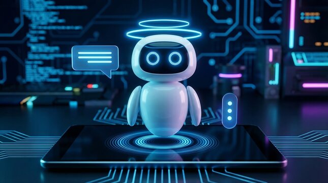 A charming 3D rendered AI robot, a virtual assistant, stands on a glowing tablet screen, surrounded by chat bubbles and futuristic circuit board patterns.