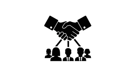 Black silhouette illustration of people shaking hands with a group of individuals, symbolizing social justice and equality in a simple design.