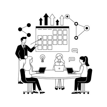 Illustration of a business team collaborating on project planning and strategy. Features a man presenting a calendar, women with laptops, and growth arrows.