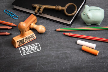 Think Positive Stamp With Notebook Key And Piggy Bank