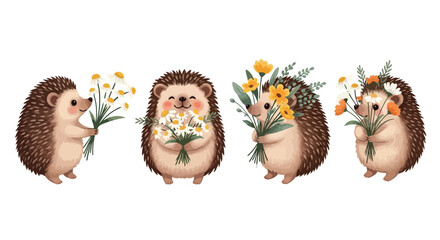 Adorable hedgehogs holding bouquets of wildflowers in a charming watercolor style. © Pasni