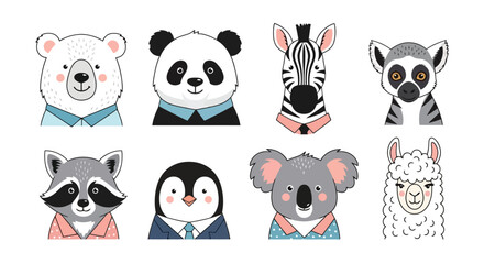 Collection of eight adorable cartoon animal portraits, each dressed in a unique, stylish outfit, perfect for childrens designs. © Pasni