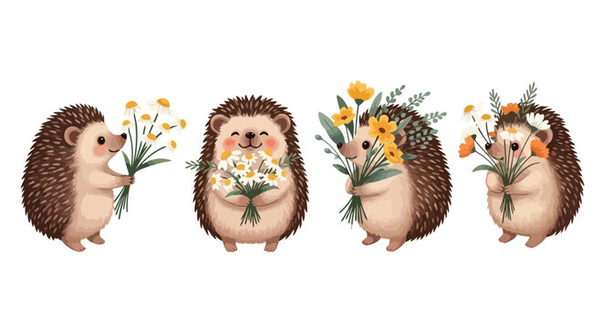 Adorable hedgehogs holding bouquets of wildflowers in a charming watercolor style.