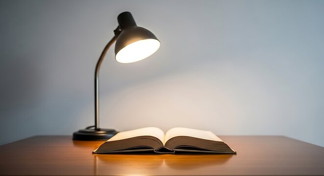 An open book illuminated by a desk lamp on a wooden surface, creating a warm and inviting atmosphere for reading and learning
