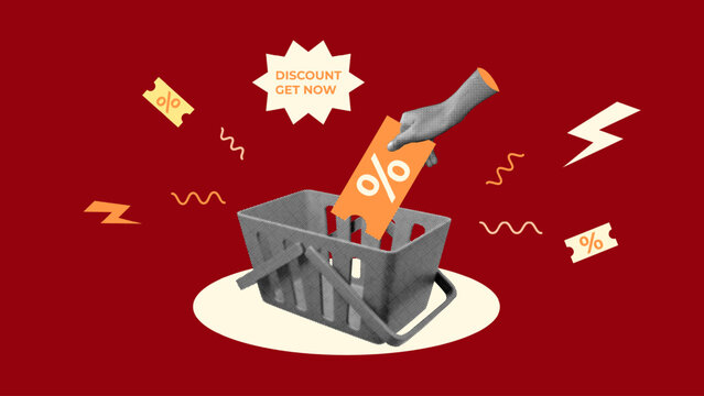 halftone collage a shopping basket with a hand dropping a discount coupon, and percent discount icon