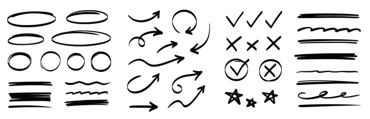 Naklejka na ściany i meble Arrow, circle, underline marker hand pen set. Arrow line marker hand drawn brush pencil sketch. Doodle check, cross, star oval round icon sign symbol texture rough. Vector illustration