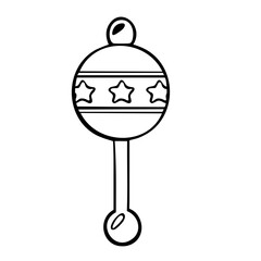 Baby rattle toy simple outline style, circular top with star band, long handle ending with bead, bold black
