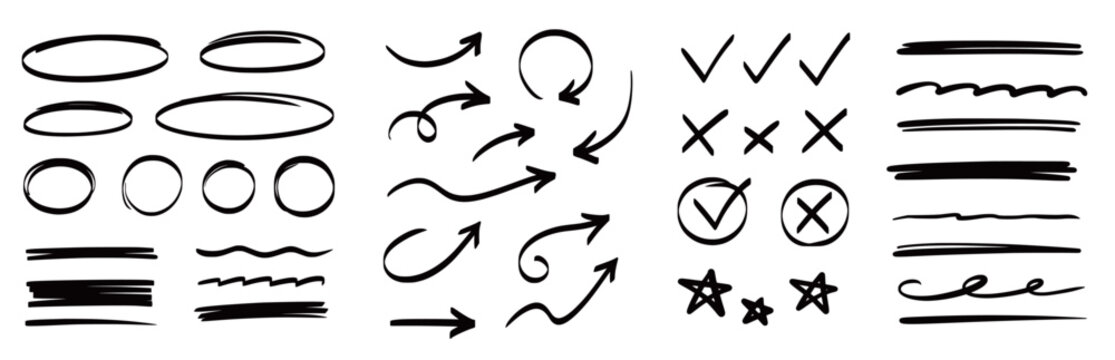 Arrow, circle, underline marker hand pen set. Arrow line marker hand drawn brush pencil sketch. Doodle check, cross, star oval round icon sign symbol texture rough. Vector illustration