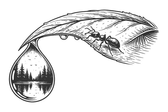 Macro view of a dew drop reflecting a forest landscape on a leaf with an ant, vintage hand drawn etching style biology and nature ecosystem design.