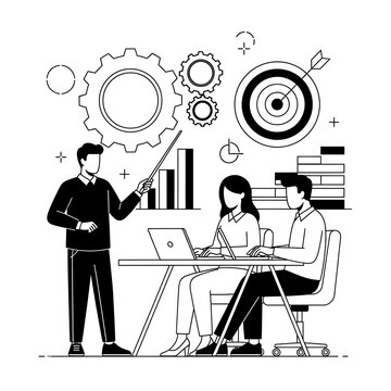 Minimalist black and white illustration depicting a business meeting or training session, with a presenter explaining data to a team, emphasizing strategy and progress.