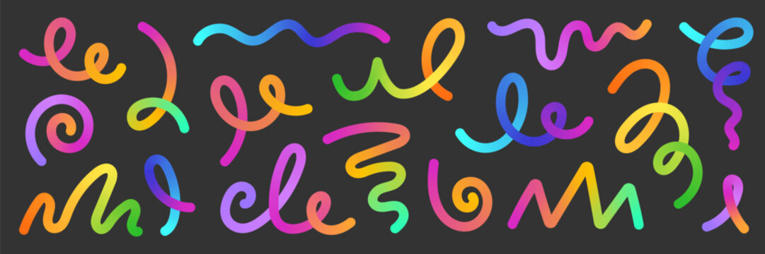 Line gradient color abstract shape set. Color wave line gradient shape bright rainbow flow design modern background. Abstract doodle pattern wavy ribbon swirl fun organic dynamic. Vector illustration