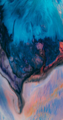 Naklejka premium Defocused spreading paint. Color blob blot. Blue black fluid explosion on orange acrylic background. Art blend abstract dirty texture.