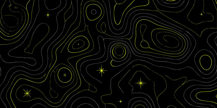 Abstract black background with flowing yellow lines and scattered sparkling stars