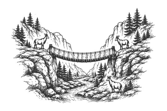 Vintage engraving vector illustration of a rope suspension bridge over a mountain river with wild goats, adventure and wilderness nature design.