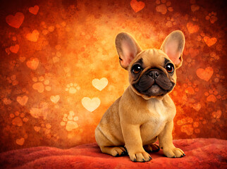 Cute French bulldog puppy sitting on warm bokeh hearts background, portrait
