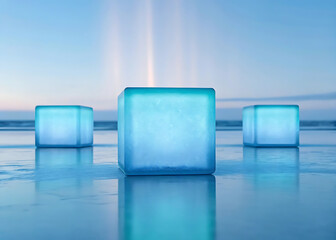 Blue glass cubes on reflective surface, minimal futuristic 3D background
