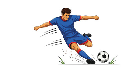 Obraz premium Dynamic cartoon illustration captures a focused soccer player in a blue uniform powerfully striking the black and white ball during a fast-paced match moment on the field.