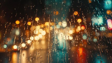 Fototapeta premium Raindrops on a window at night, city lights blurring through