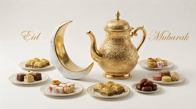 Eid mubarak celebration with traditional middle eastern sweets and gold teapot
