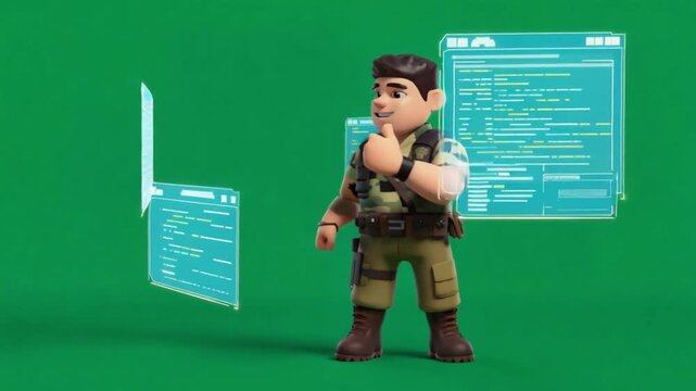 Soldier presenting digital data on futuristic screens with confident smile
