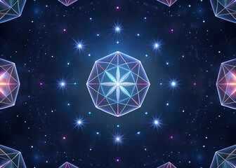 Glowing geometric polyhedron floating in starry space, futuristic 3D render
