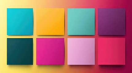 Eight colorful square papers on gradient background.