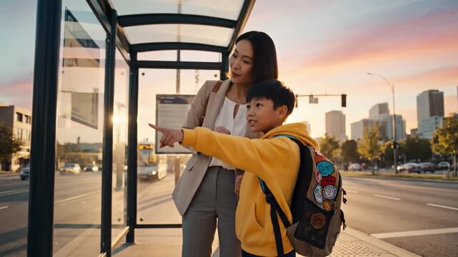 Urban Morning Routine With Mother And Child. City Skyline As Mother Guides Son Through Morning Routine. Bright Sunrise Illuminates City Scene Where Mother Assists Son Preparing For School
