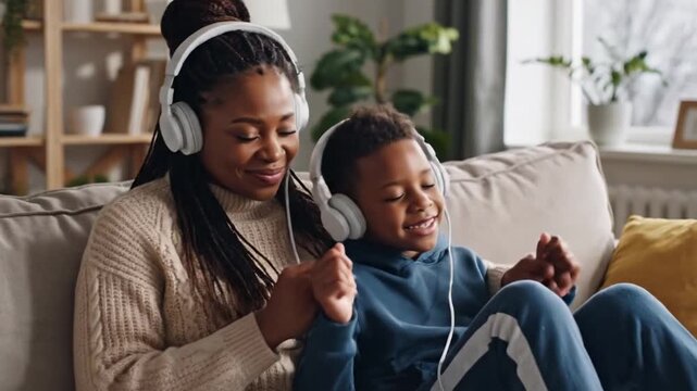Mother And Son Enjoying Music Together. Adorable Motherson Bond Sharing Headphones On Comfortable Sofa. Relaxed Weekend Activity Of Family Bonding Through Music And Gentle Guidance