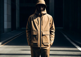 Moody hooded man in rain at night, cinematic urban street portrait
