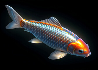 Vibrant koi fish with iridescent scales in dark water, close-up
