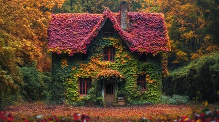 Autumnal cottage nestled in a vibrant forest.  Covered in colorful autumn foliage
