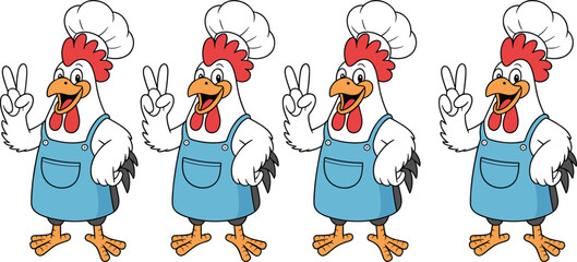 Fototapeta premium Cartoon chicken chef character wearing apron and cooking hat showing peace sign gesture, cute funny mascot illustration isolated on white background for restaurant branding.