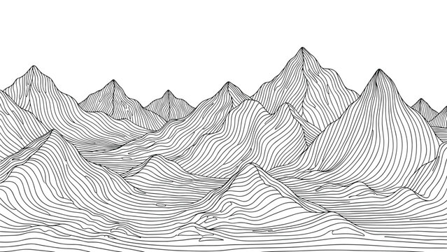 Detailed landscape illustration of mountain ranges created with intricate horizontal line work in a topographical style.