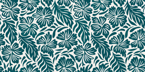 A seamless floral pattern featuring stylized dark teal hibiscus blossoms © Bithi