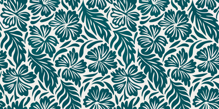 A seamless floral pattern featuring stylized dark teal hibiscus blossoms