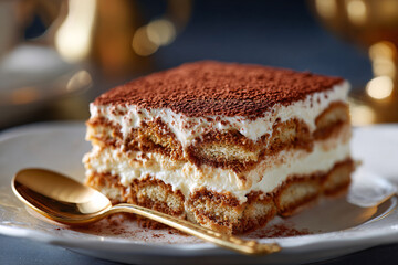 Tiramisu cake garnished on a plate