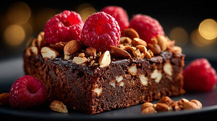 Chocolate brownie with nuts, garnished with fresh raspberries