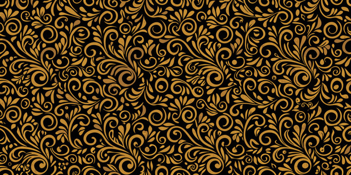 Intricate golden floral pattern on a dark black background a seamless design