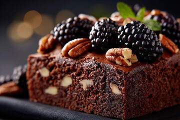 Chocolate brownie with nuts, garnished with fresh blackberries
