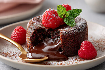 Chocolate fondant cake with a oozing chocolate cream filling, garnished with fresh raspberries