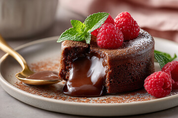 Chocolate fondant cake with a oozing chocolate cream filling, garnished with fresh raspberries